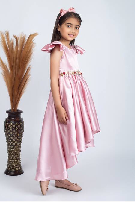 Buy Jelly Jones Pink Satin, Cotton Embroidery Rosa Vine Embellished High Low Dress Online at Aza Fashions Buy_Jelly Jones_Pink Satin, Cotton Embroidery Rosa Vine Embellished High Low Dress_Online_at_Aza_Fashions