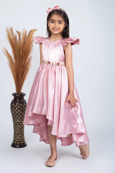 Shop Jelly Jones Pink Satin, Cotton Embroidery Rosa Vine Embellished High Low Dress Online at Aza Fashions Shop_Jelly Jones_Pink Satin, Cotton Embroidery Rosa Vine Embellished High Low Dress_Online_at_Aza_Fashions