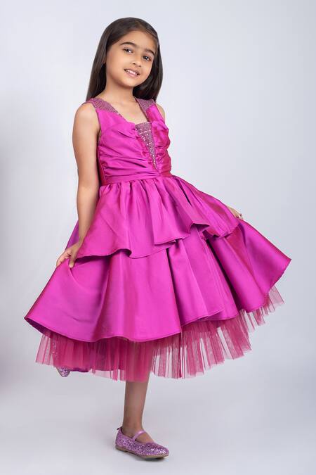Jelly Jones_Pink Silk, Cotton Sequins Embellished Net Layered Satin Dress _at_Aza_Fashions