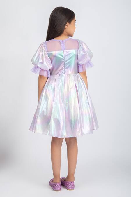 Shop_Jelly Jones_Purple Lycra Halo Pleated Puffed Sleeves Dress_at_Aza_Fashions