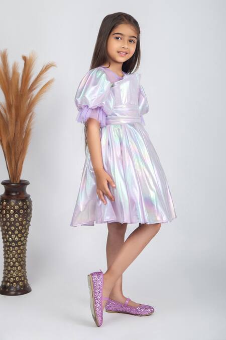 Jelly Jones_Purple Lycra Halo Pleated Puffed Sleeves Dress_Online_at_Aza_Fashions