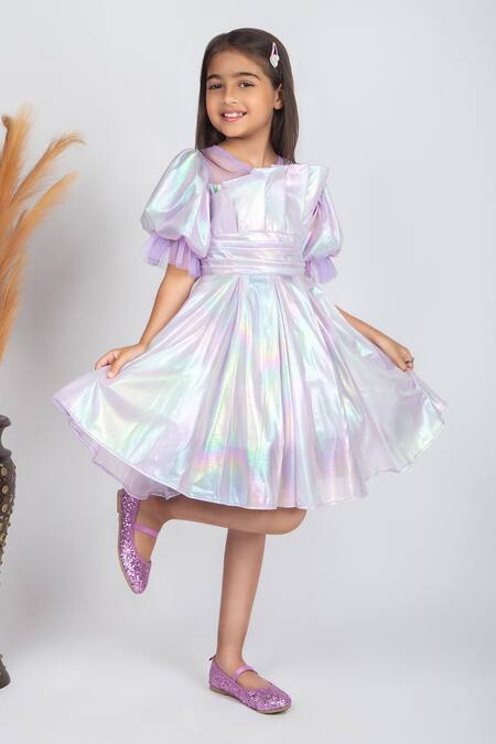 Shop_Jelly Jones_Purple Lycra Halo Pleated Puffed Sleeves Dress_Online_at_Aza_Fashions