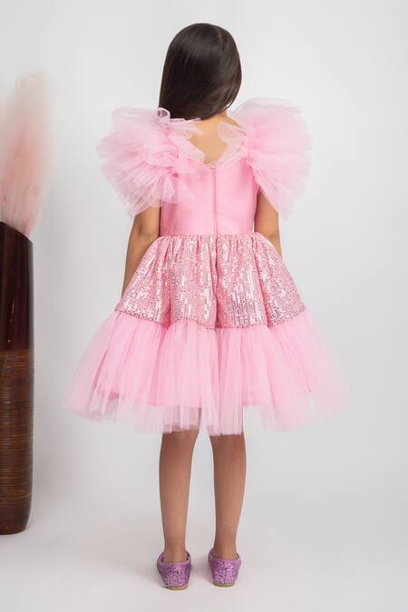 Shop Jelly Jones Pink Silk, Net, Cotton Sequins, Bows Embellished Ruffle Sleeves Dress at Aza Fashions Shop_Jelly Jones_Pink Silk, Net, Cotton Sequins, Bows Embellished Ruffle Sleeves Dress_at_Aza_Fashions