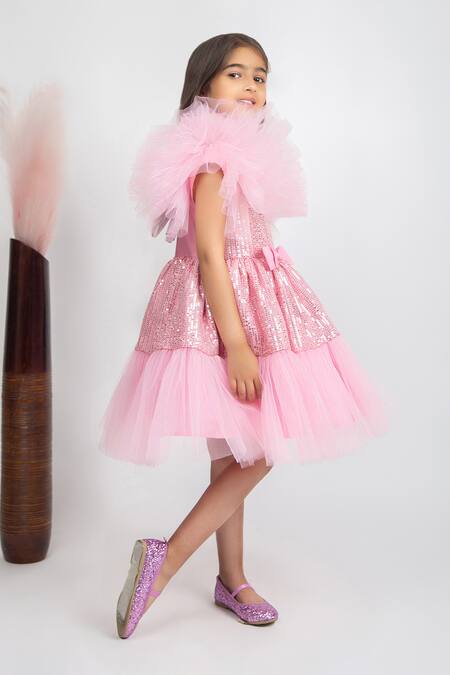 Jelly Jones Pink Silk, Net, Cotton Sequins, Bows Embellished Ruffle Sleeves Dress Online at Aza Fashions Jelly Jones_Pink Silk, Net, Cotton Sequins, Bows Embellished Ruffle Sleeves Dress_Online_at_Aza_Fashions