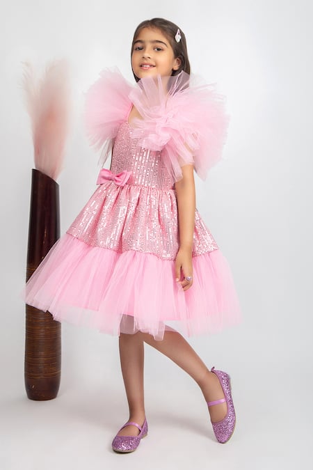 Buy Jelly Jones Pink Silk, Net, Cotton Sequins, Bows Embellished Ruffle Sleeves Dress Online at Aza Fashions Buy_Jelly Jones_Pink Silk, Net, Cotton Sequins, Bows Embellished Ruffle Sleeves Dress_Online_at_Aza_Fashions