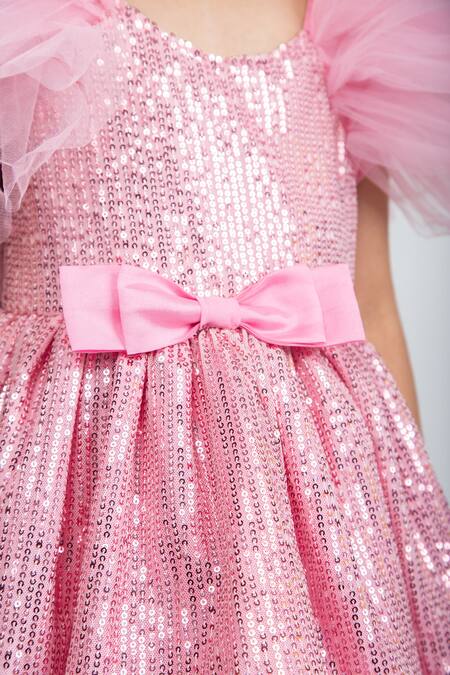 Shop Jelly Jones Pink Silk, Net, Cotton Sequins, Bows Embellished Ruffle Sleeves Dress Online at Aza Fashions Shop_Jelly Jones_Pink Silk, Net, Cotton Sequins, Bows Embellished Ruffle Sleeves Dress_Online_at_Aza_Fashions
