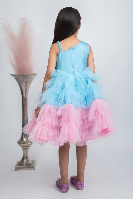 Shop Jelly Jones Blue Silk, Net, Cotton Sequins Embellished One Shoulder Ruffle Layered Dress at Aza Fashions Shop_Jelly Jones_Blue Silk, Net, Cotton Sequins Embellished One Shoulder Ruffle Layered Dress_at_Aza_Fashions