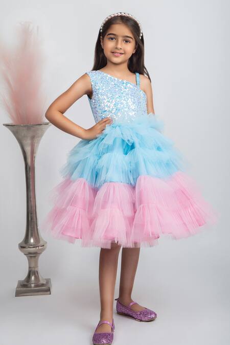 Jelly Jones Blue Silk, Net, Cotton Sequins Embellished One Shoulder Ruffle Layered Dress Online at Aza Fashions Jelly Jones_Blue Silk, Net, Cotton Sequins Embellished One Shoulder Ruffle Layered Dress_Online_at_Aza_Fashions