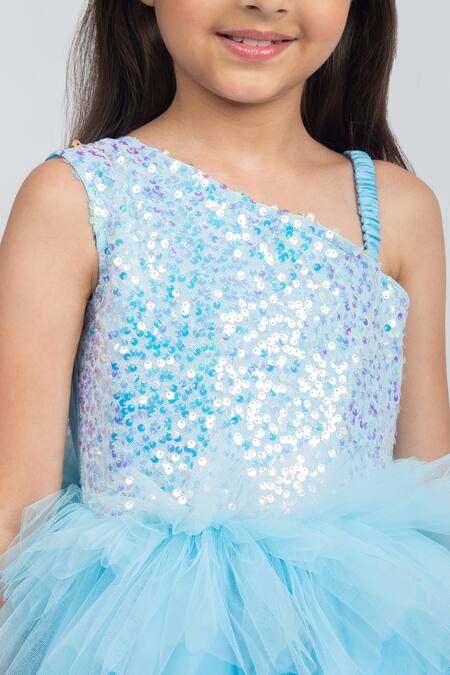 Shop Jelly Jones Blue Silk, Net, Cotton Sequins Embellished One Shoulder Ruffle Layered Dress Online at Aza Fashions Shop_Jelly Jones_Blue Silk, Net, Cotton Sequins Embellished One Shoulder Ruffle Layered Dress_Online_at_Aza_Fashions
