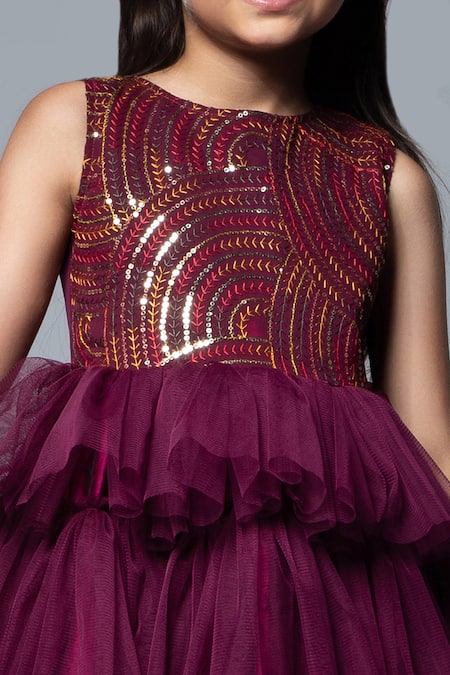 Jelly Jones_Wine Silk, Net, Linen, Cotton, Satin Sequins, Embroidery Layered Trail Dress_Online_at_Aza_Fashions