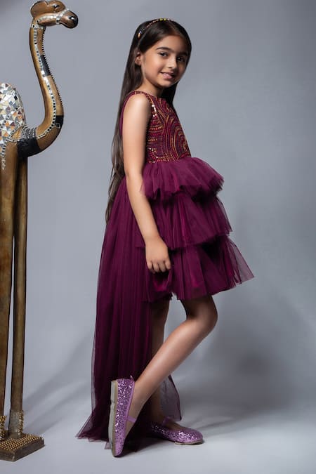 Buy_Jelly Jones_Wine Silk, Net, Linen, Cotton, Satin Sequins, Embroidery Layered Trail Dress_Online_at_Aza_Fashions