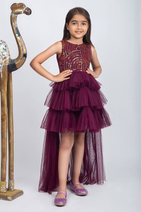 Jelly Jones_Wine Silk, Net, Linen, Cotton, Satin Sequins, Embroidery Layered Trail Dress_at_Aza_Fashions