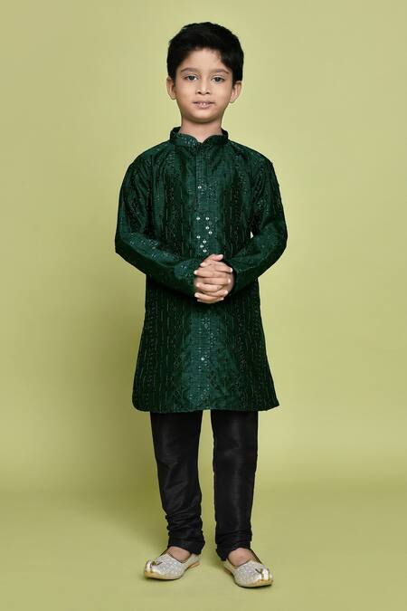 Petite Pomme_Green Silk Sequins, Embroidery Kurta _Online_at_Aza_Fashions