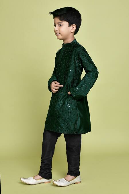 Shop_Petite Pomme_Green Silk Sequins, Embroidery Kurta _Online_at_Aza_Fashions