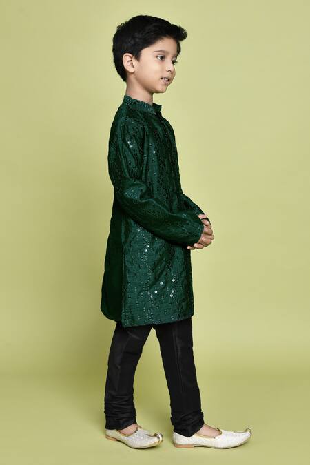 Petite Pomme_Green Silk Sequins, Embroidery Kurta _at_Aza_Fashions