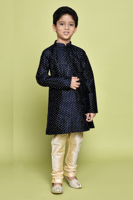 Petite Pomme_Blue Silk, Denim Sequins Embroidered Kurta And Churidar Set _Online_at_Aza_Fashions