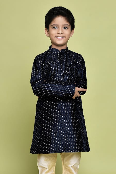 Buy_Petite Pomme_Blue Silk, Denim Sequins Embroidered Kurta And Churidar Set _Online_at_Aza_Fashions