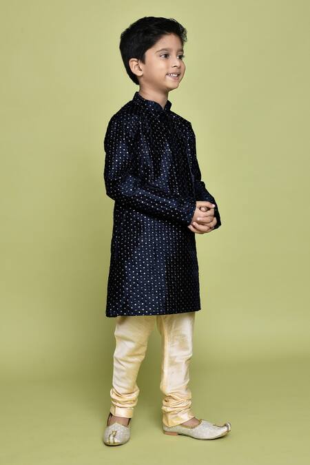 Petite Pomme_Blue Silk, Denim Sequins Embroidered Kurta And Churidar Set _at_Aza_Fashions