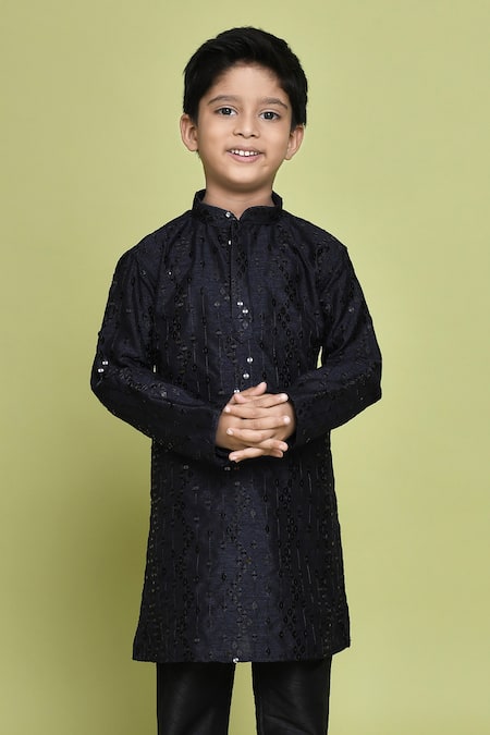 Petite Pomme_Blue Silk Sequins, Embroidery Navy Kurta _Online_at_Aza_Fashions