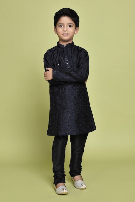 Buy_Petite Pomme_Blue Silk Sequins, Embroidery Navy Kurta _Online_at_Aza_Fashions