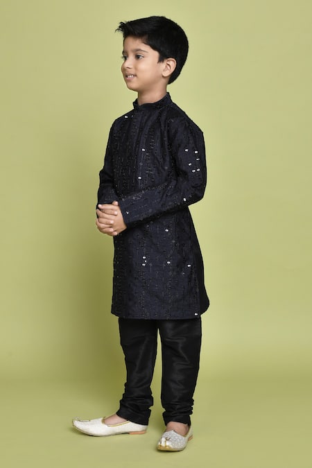 Shop_Petite Pomme_Blue Silk Sequins, Embroidery Navy Kurta _Online_at_Aza_Fashions