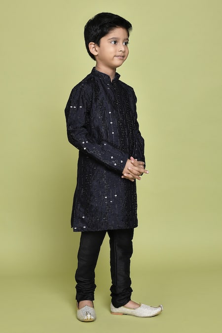 Petite Pomme_Blue Silk Sequins, Embroidery Navy Kurta _at_Aza_Fashions