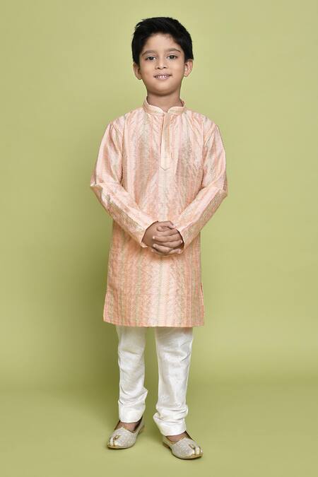 Petite Pomme_Peach Silk Embroidery Thread Kurta And Churidar Set _Online_at_Aza_Fashions