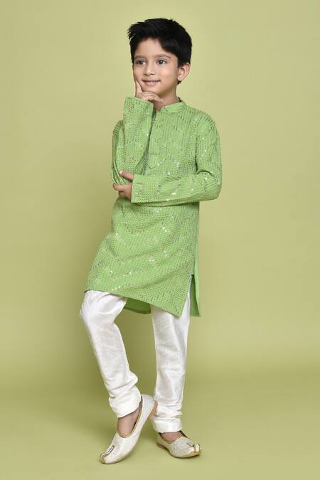 Shop_Petite Pomme_Green Rayon Sequins Embroidered Kurta And Churidar Set _Online_at_Aza_Fashions