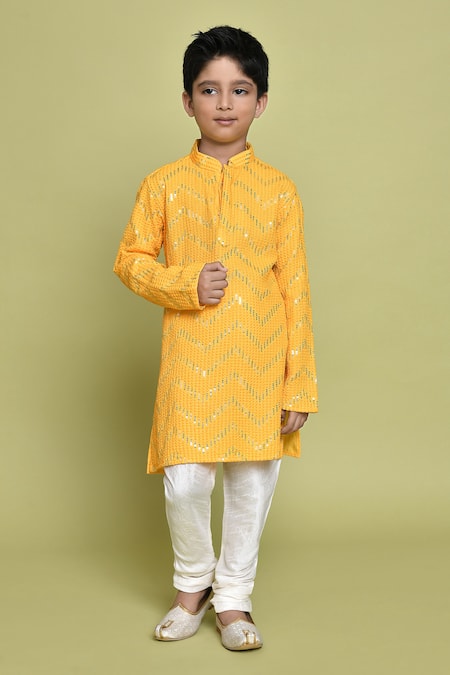 Samyukta Singhania Yellow Rayon Embroidered Sequin Band Collar Kurta 