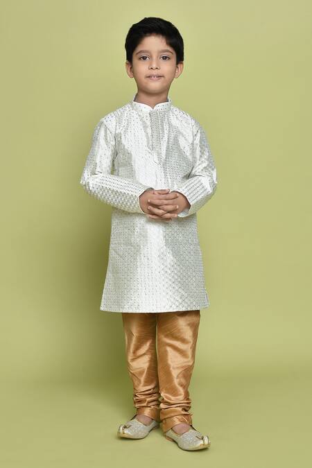Petite Pomme_White Silk Sequins, Embroidery Thread Kurta And Churidar Set _Online_at_Aza_Fashions