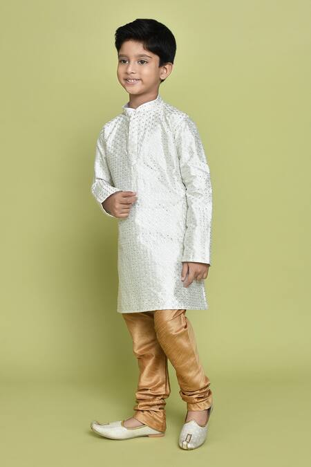 Buy_Petite Pomme_White Silk Sequins, Embroidery Thread Kurta And Churidar Set _Online_at_Aza_Fashions