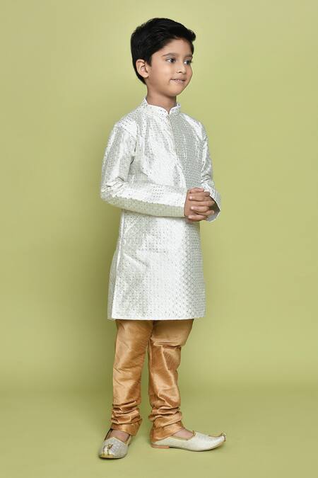 Shop_Petite Pomme_White Silk Sequins, Embroidery Thread Kurta And Churidar Set _Online_at_Aza_Fashions