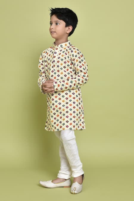 Shop_Petite Pomme_White Cotton Embroidery Geometric Thread Kurta _Online_at_Aza_Fashions