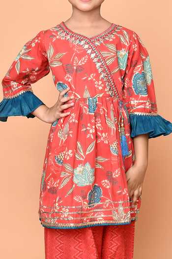 Petite Pomme_Red Cotton Gota Patti Blossom Print Angrakha Anarkali With Afghani Dhoti Pant_Online_at_Aza_Fashions