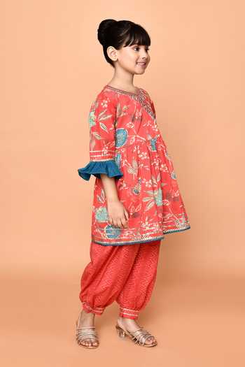 Buy_Petite Pomme_Red Cotton Gota Patti Blossom Print Angrakha Anarkali With Afghani Dhoti Pant_Online_at_Aza_Fashions