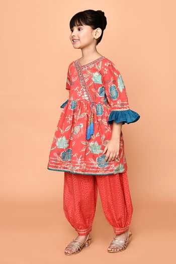 Shop_Petite Pomme_Red Cotton Gota Patti Blossom Print Angrakha Anarkali With Afghani Dhoti Pant_Online_at_Aza_Fashions