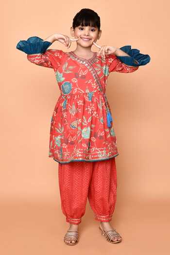 Petite Pomme_Red Cotton Gota Patti Blossom Print Angrakha Anarkali With Afghani Dhoti Pant_at_Aza_Fashions
