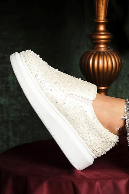 White Pearl Bead and online Lace Embellished Sneakers