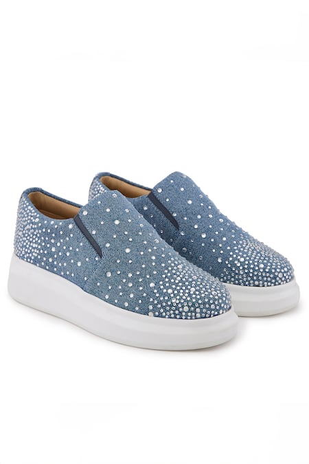 Shop Anaar Blue Glitter Rain Rhinestone Embellished Flat Sneakers at Aza Fashions Shop_Anaar_Blue Glitter Rain Rhinestone Embellished Flat Sneakers _at_Aza_Fashions