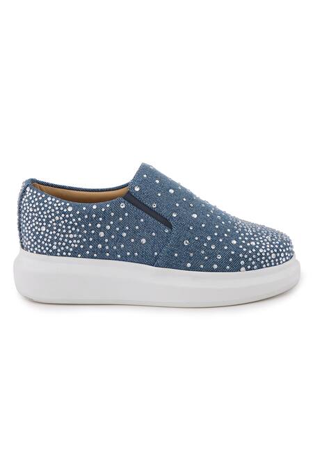 Buy Anaar Blue Glitter Rain Rhinestone Embellished Flat Sneakers Online at Aza Fashions Buy_Anaar_Blue Glitter Rain Rhinestone Embellished Flat Sneakers _Online_at_Aza_Fashions