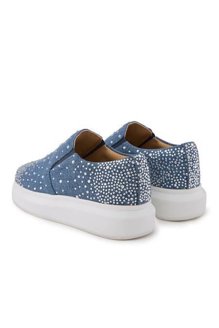 Shop Anaar Blue Glitter Rain Rhinestone Embellished Flat Sneakers Online at Aza Fashions Shop_Anaar_Blue Glitter Rain Rhinestone Embellished Flat Sneakers _Online_at_Aza_Fashions