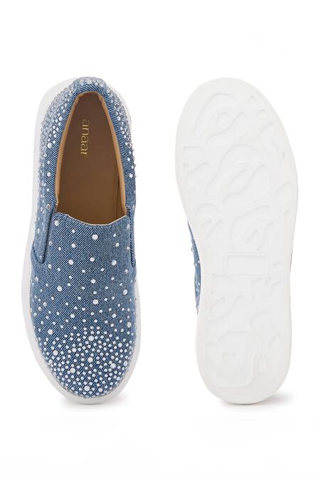 Anaar Blue Glitter Rain Rhinestone Embellished Flat Sneakers at Aza Fashions Anaar_Blue Glitter Rain Rhinestone Embellished Flat Sneakers _at_Aza_Fashions