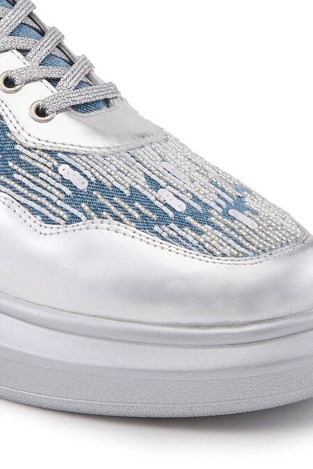 Buy Anaar Blue Miami Palms Cutdana Embroidered Flat Sneakers Buy_Anaar_Blue Miami Palms Cutdana Embroidered Flat Sneakers