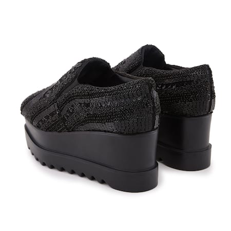 Shop Anaar Black Crystals, Sequins, Beads Midnight Magic Embellished Wedge Sneakers Online at Aza Fashions Shop_Anaar_Black Crystals, Sequins, Beads Midnight Magic Embellished Wedge Sneakers _Online_at_Aza_Fashions