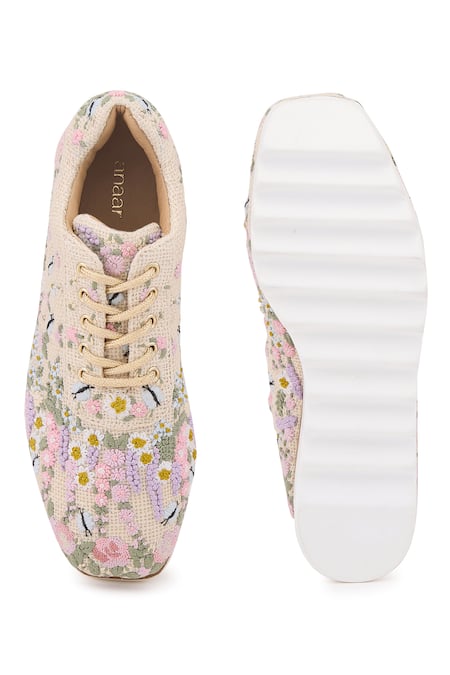 Shop Anaar Beige Embroidery Valensole Wedge Sneakers at Aza Fashions Shop_Anaar_Beige Embroidery Valensole Wedge Sneakers _at_Aza_Fashions