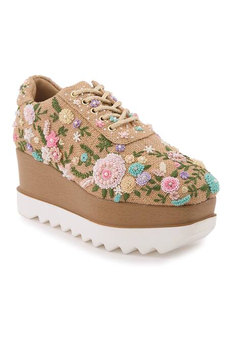 Anaar_Beige Soft Serve Pearl Embellished Wedge Sneakers_Online_at_Aza_Fashions