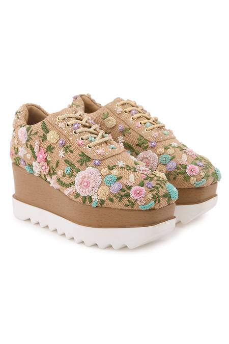 Anaar_Beige Soft Serve Pearl Embellished Wedge Sneakers_at_Aza_Fashions