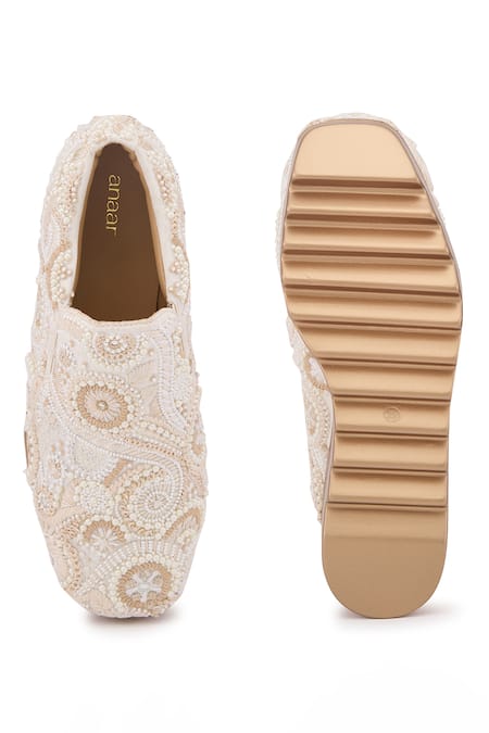 Shop Anaar Beige Royal Stitch Resham Embroidered Wedge Sneakers at Aza Fashions Shop_Anaar_Beige Royal Stitch Resham Embroidered Wedge Sneakers _at_Aza_Fashions