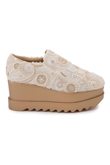 Buy Anaar Beige Royal Stitch Resham Embroidered Wedge Sneakers Online at Aza Fashions Buy_Anaar_Beige Royal Stitch Resham Embroidered Wedge Sneakers _Online_at_Aza_Fashions