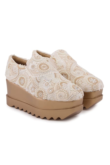 Anaar Beige Royal Stitch Resham Embroidered Wedge Sneakers at Aza Fashions Anaar_Beige Royal Stitch Resham Embroidered Wedge Sneakers _at_Aza_Fashions